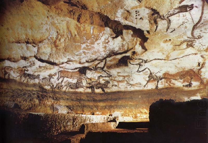 The-large Hall in the cave of Lascaux France, unknow artist